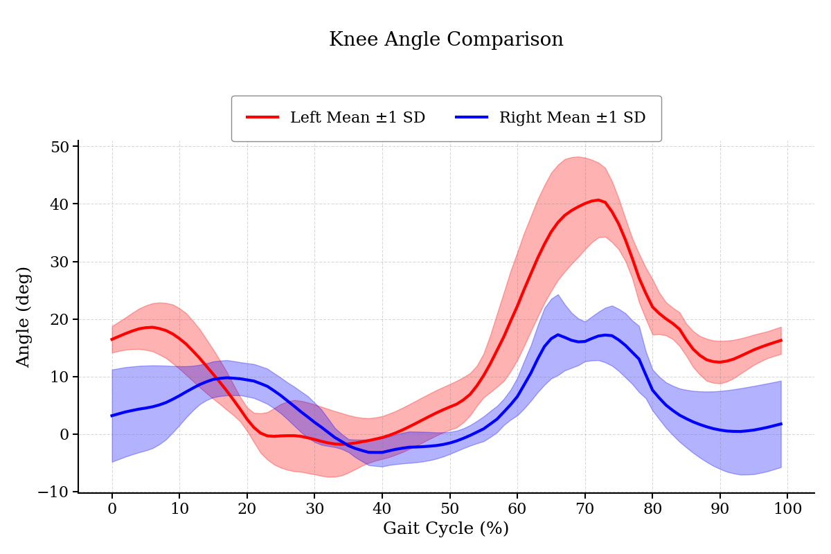 Graph comparing the left and right knee angle means throughout the gait cycle, showing clear asymmetry.