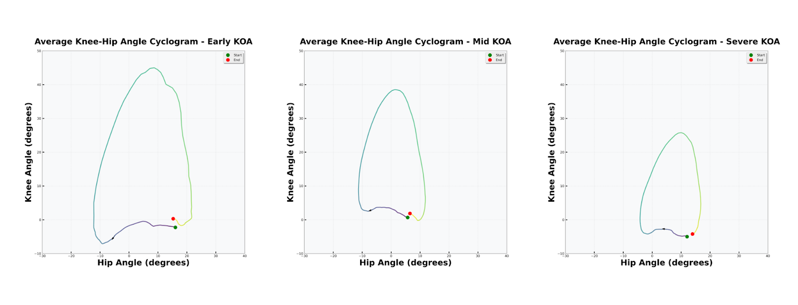 Hip-Knee Angle Cyclograms for Early, Mid, and Severe KOA