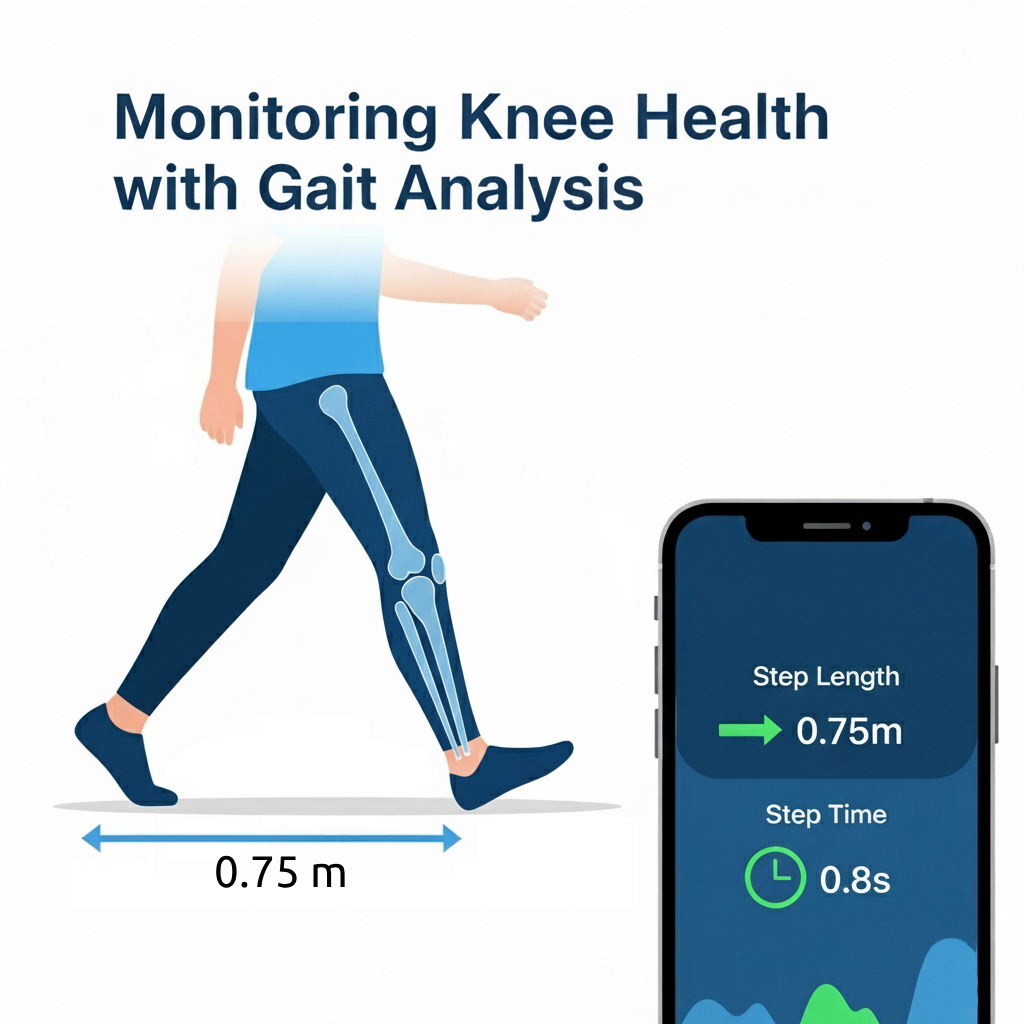 Mobile app showing gait analysis metrics like step length and step time.